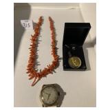 CORAL NECKLACE, UNIVERSAL GENEVA WATCH RUNS AND