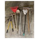METAL RAKES, PICK,AXE, LOPPERS, ETC.