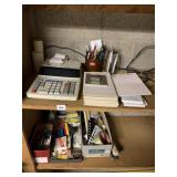 CASIO ADDING MACHINE, PENS, NOTE PAPER