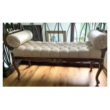 SCROLL ARM CARVED BENCH TUFTED SEAT TAN UPHL.