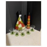 2 PEPPERS IN OIL BOTTLE AND 5 GREEN STEM GLASSES
