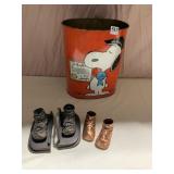 PEANUTS METAL TRASH CAN AND BRONZE BABY SHOES