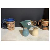 POTTERY MUGS SIGNED, GRAVY, AND SALT/PEPPER