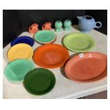 FIESTA BLUE PITCHER, 2 CREAMERS, 2 CANDLE STICKS,