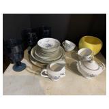 B/WH DISHES, BOWL, 3 BLUE GLASSES