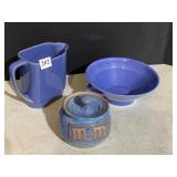 BLUE POTTERY PITCHER AND TWO HANDLED BOWL AND M&M