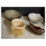 POTTERY GLAZED STRAINER, GRAVY W/ LINER, ETC.