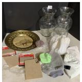 VASES, BRASS PLATE W/ HORSE SCENE, FELT PADS,