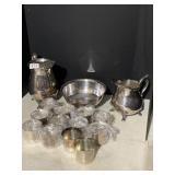 SILVER PLATE TEA POT, WATER PITCHER, BOWL & CUPS