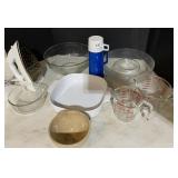 MEASURING CUPS, NEW IRON, POTTERY DISH, ETCHED