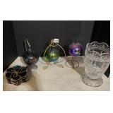 BLOWN GLASS BALLS, 12" VASE, 4 GLASS DISHES