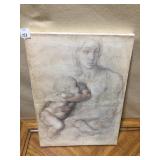 DRAWING OF MOTHER & BABY UNSIGNED 18 H X 13 W