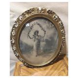PRINT LADY SWINGING FLOWERS, OVAL FRAME SOME