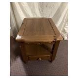 KNOTTY PINE SIDE TABLE WITH DRAWER, MARKED AJ IN