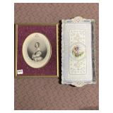 PORCELAIN TRAY, FLORAL PICTURE IN GOLD FRAME AND