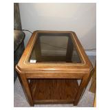 OAK SIDE TABLE W/ BEVELED SMOKE GLASS TOP TWO