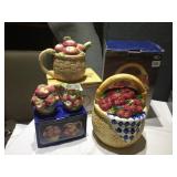 APPLE BASKET COOKIE JAR, SUGAR CREAMER, TEA POT