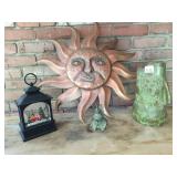 METAL SUN, FROG, LANTERN, WATER PITCHER