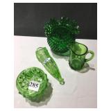 GREEN AMERICAN FOSTORIA CANDY DISH, RUFFLED VASE,