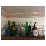 ASSORTED BOTTLES, MASON JARS, DECANTERS,