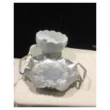MILK GLASS PUNCH BOWL, ALUMINUM DOUBLE HANDLED