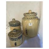 CROCKS WITH LIDS COOKIE JAR SEE DAMAGE ON LID