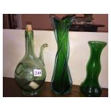 GLASS BOTTLES, GREEN VASE .