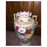 DOUBLE HANDLE ENAMELED VASE UNMARKED 17"