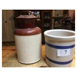 BLUE STRIPPED ROSEVILLE CROCK AND 8" H MCCOY 252