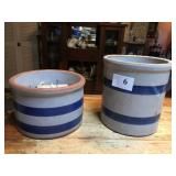 TWO BLUE STRIPPED CROCKS 6" 4"