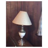 BRASS AND WHITE GLASS LAMPS WITH TEXTURED SHADES,