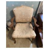 WOOD ARMED, UPHOLSTERED, SITTING CHAIR