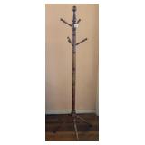 TURNED WOOD LEG COAT TREE, MISSING ONE PEG