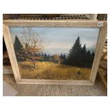 ORIGINAL BURGUNDER PAINTING OF FIELD AND TREES,