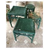 TRIO OF GREEN WICKER NESTING TABLES AND DRUM