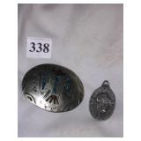 TURQUOISE OVAL BELT BUCKLE MARKED LN ON BACK &