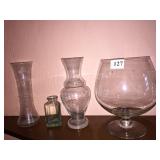 BRANDY GLASS, ETCHED VASES, TRIANGLE VASE