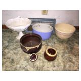 MILK GLASS PEDESTAL BOWL, POTTERY BOWL ETC.