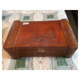 LARGE WOOD JEWELRY BOX WITH ASIAN THEME CARVINGS