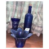 COBALT BLUE GLASS CUT TO CLEAR VASE, BOTTLE AND