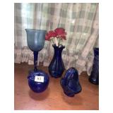 COBALT BLUE GLASS APPLE, BASKET, GOBLET AND VASE