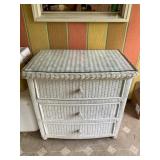 WHITE WICKER 3 DRAWER DRESSER WITH GLASS TOP