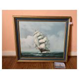 FRAMED OIL ON CANVAS PAINTING OF SHIP, SIGNED