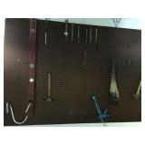 ASSORTED WRENCHES, LEVEL HAMMER, ON PEG BOARD,