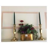 BRASS HEAVY CANDLE STICKS MARKED W AND FLOWER