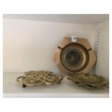 BRASS 2 LEAF DISHES SIGNED 1948 AND 7" EAGLE