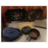 TOLL PAINTED TRAYS, ROASTER, SKILLETS UNMARKED,
