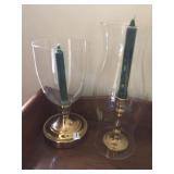 BRASS BASE HURRICANE LAMP, PEWTER CANDLE STICK