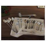 SILVER PLATE SPOONS, LADLE, AND 1 STERLING FORK
