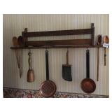 WOOD RACK W/ SPOONS, COPPER LADLE, ETC.